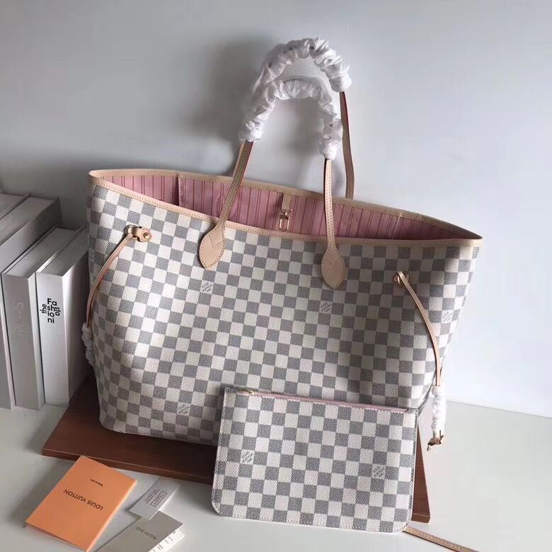 LV NEVERFULL 棋盘白格大号手袋购物袋 N41604 粉色内里
