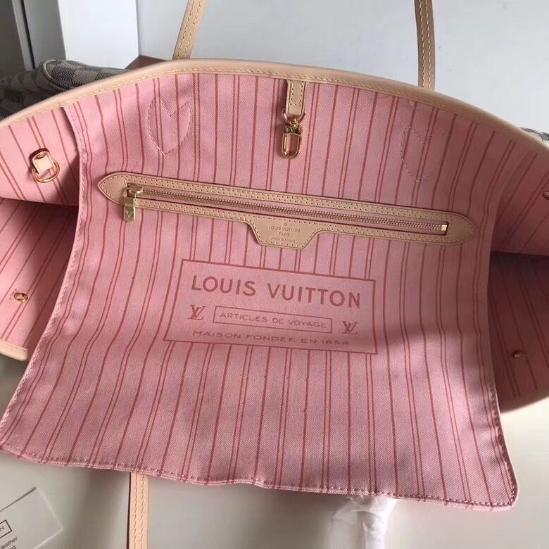 LV NEVERFULL 棋盘白格大号手袋购物袋 N41604 粉色内里