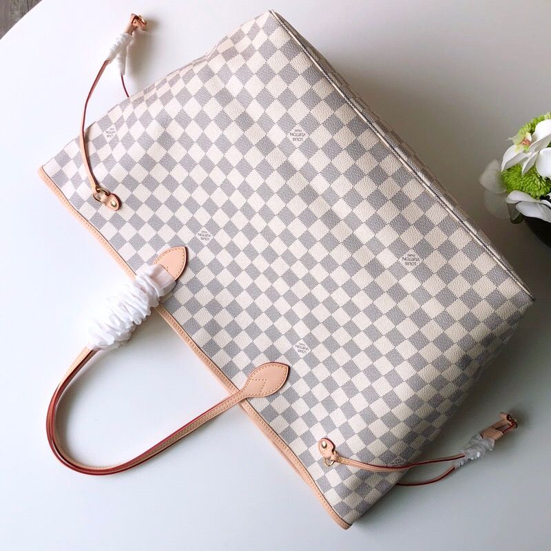 LV NEVERFULL 棋盘白格大号手袋购物袋 N41360 米黄内里