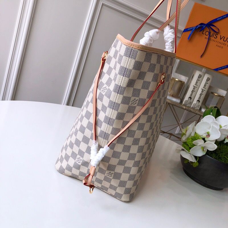 LV NEVERFULL 棋盘白格大号手袋购物袋 N41360 米黄内里