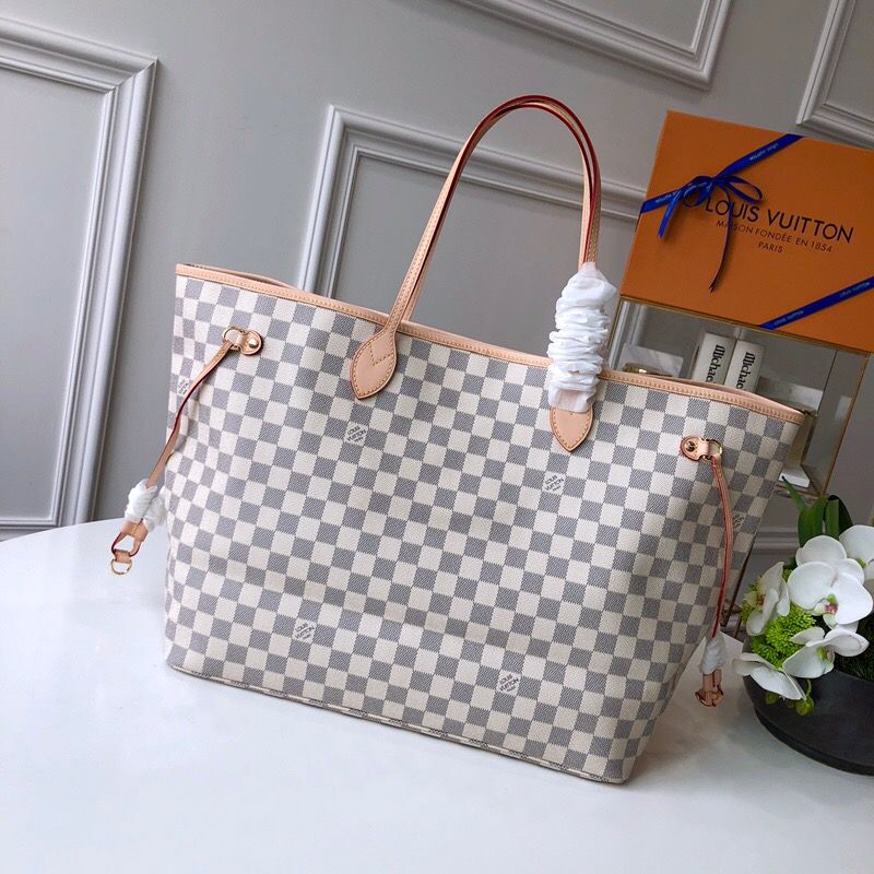 LV NEVERFULL 棋盘白格大号手袋购物袋 N41360 米黄内里