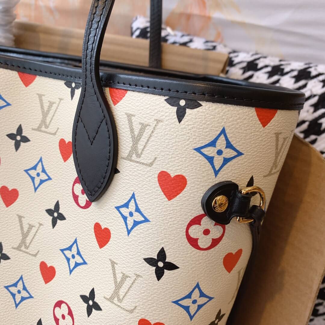 Louis Vuitton LV M57462 Neverfull 白三彩扑克牌购物袋-名媛网