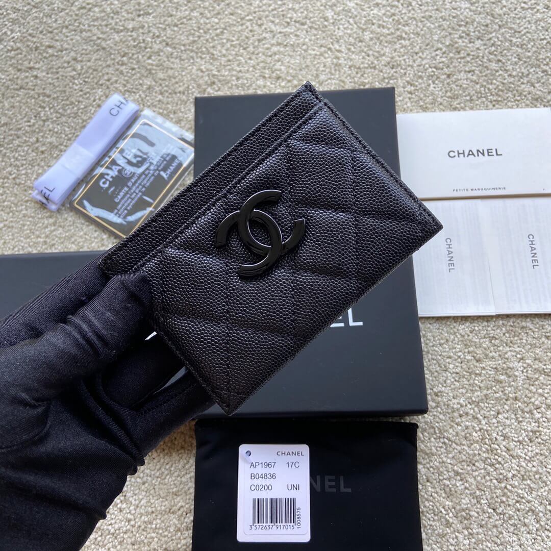 CHANEL进口意大利颗粒小牛皮卡包AP1967黑色球纹黑