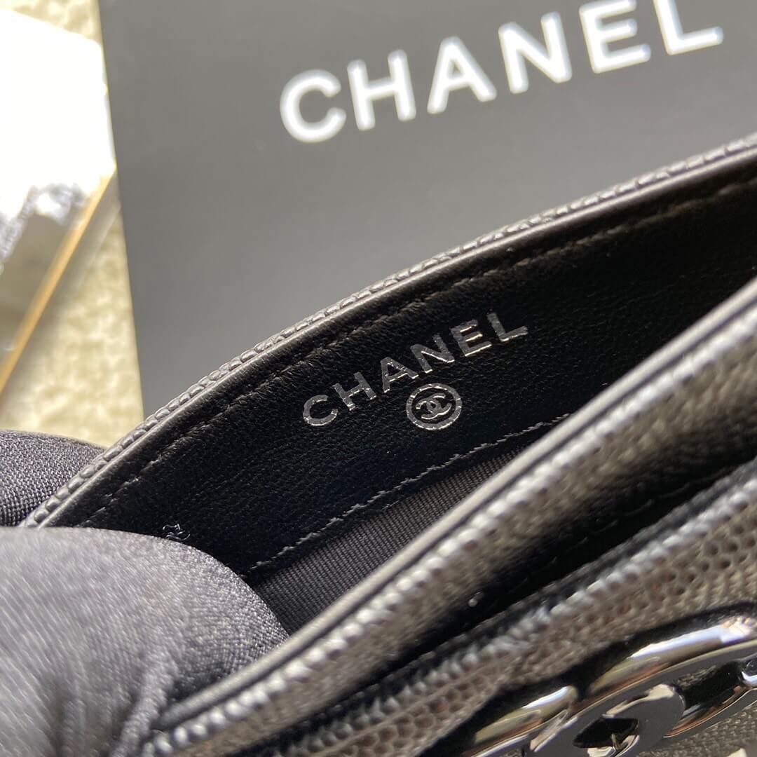 CHANEL进口意大利颗粒小牛皮卡包AP1967黑色球纹黑