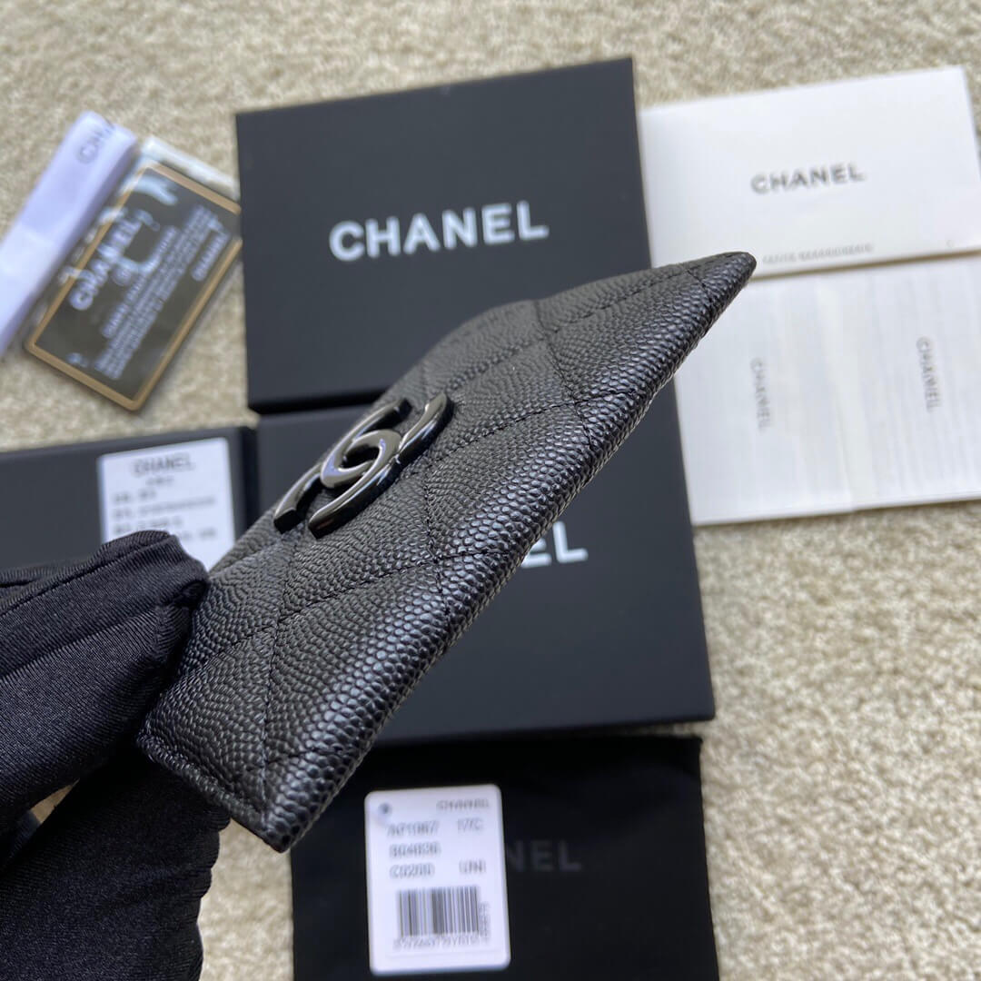 CHANEL进口意大利颗粒小牛皮卡包AP1967黑色球纹黑